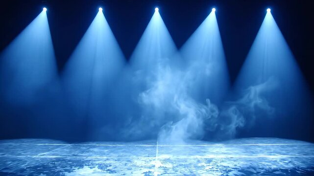 Empty stage with blue spotlights and smoke ideal for sleek commercial backgrounds and title sequences