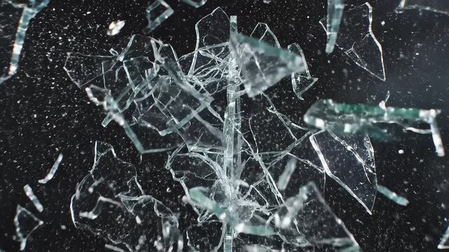 Shattered green glass fragments in motion ideal for travel vlogs and eco-friendly campaigns