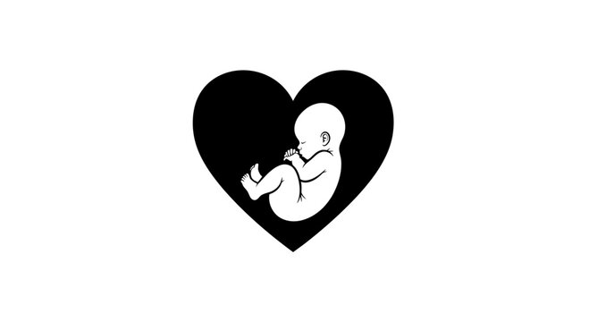 Minimalist black and white icon of a human fetus inside a heart shape.