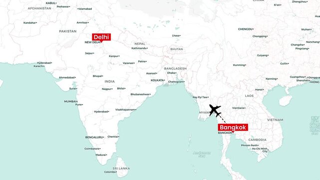 Animated flight path video showing travel between Delhi and Bangkok