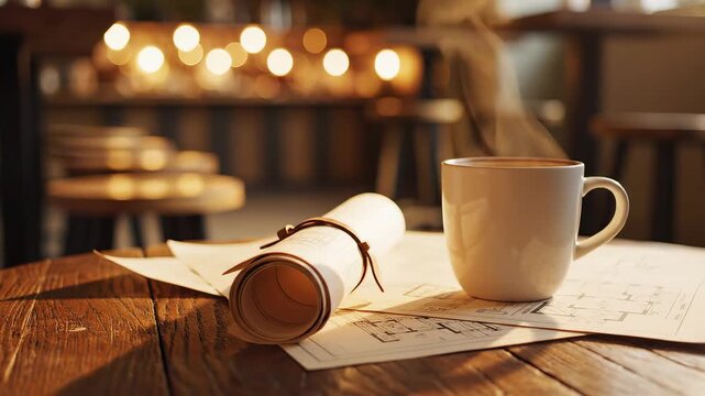 Cup of coffee on table with blueprints ideal for restaurant branding and gastronomy vlogs