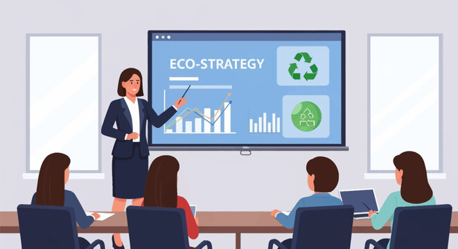 Professional businesswoman giving a presentation on corporate eco-strategy and sustainability using data charts and recycling symbols on a screen for an office team meeting.