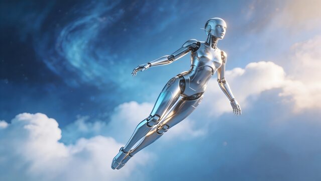 Silver humanoid robot floating in sky