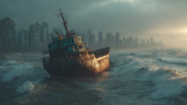 Environmental disaster showing catastrophic coastal flood after severe storm, massive ship sinking in turbulent dark waters.