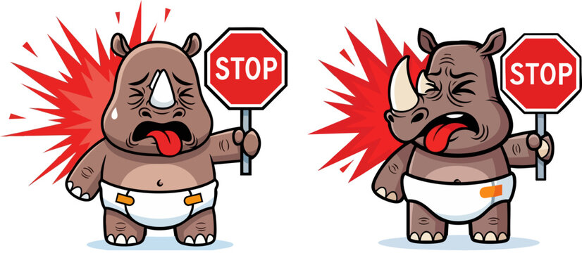 Cartoon rhinoceros mascot holding stop sign, funny rhino character in diaper with red warning signal, angry animal vector illustration set