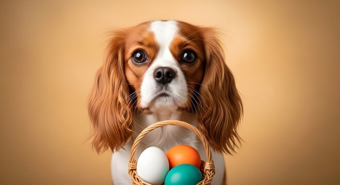 Charming cavalier king charles spaniel with easter eggs a portrait of spring joy