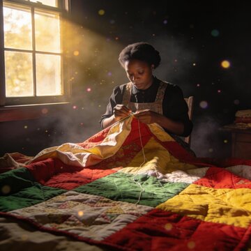 Woman sews a quilt by a window with light and shadow