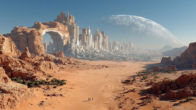 Futuristic city built on Mars featuring towering buildings rising from red desert landscape, immersive video game inspired urban environment.