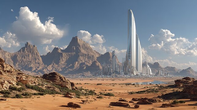 Futuristic city built on Mars featuring towering buildings rising from red desert landscape, immersive video game inspired urban environment.