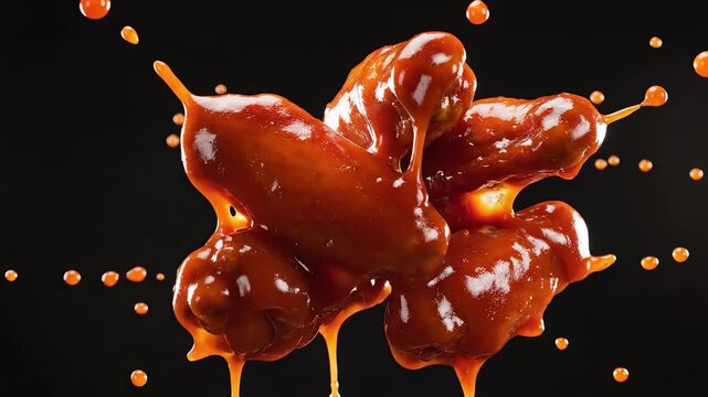 Sauce splashing on food against black background for creative digital media and visual arts