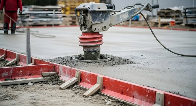 Construction site a powerful plate compactor in action on a concrete surface