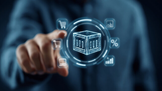 Businessman finger touch digital cube icon, supply chain concept, futuristic technology interface and procurement data visualization