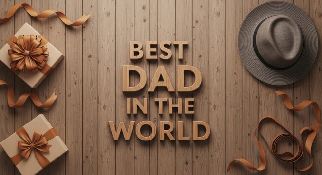 best dad in the world wooden sign with gift box and hat on rustic wooden table for father's day celebration