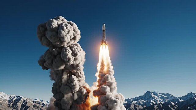 Rocket launch in mountainous terrain ideal for travel vlogs and eco-friendly campaigns