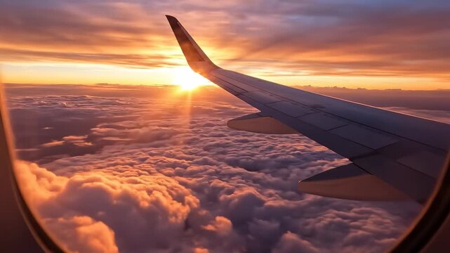 View from airplane window at sunset, orange sunbeams piercing through clouds, aircraft wing in foreground, travel and adventure concept