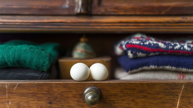 camphor. White camphor balls placed inside an antique wooden wardrobe with folded clothing. menu design, packaging mockups, designed for food delivery and cloud-kitchen brand materials.