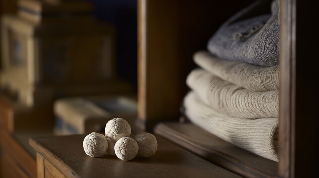 camphor. White camphor balls placed inside an antique wooden wardrobe with folded clothing. menu design, packaging mockups, designed for food delivery and cloud-kitchen brand materials.