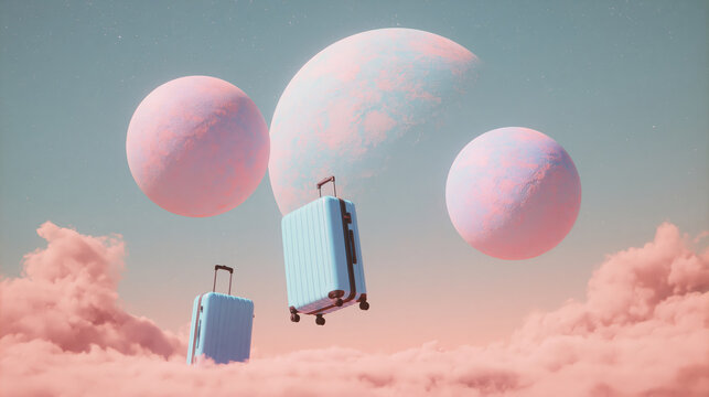 Surreal landscape pastel planet cloud suitcase travel fantasy dream minimal sky floating luggage