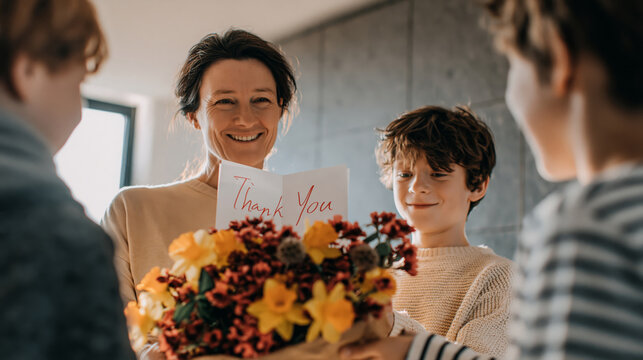 Happy mother day celebration family surprise thank you card smiling child bouquet warm natural light cozy home moment love