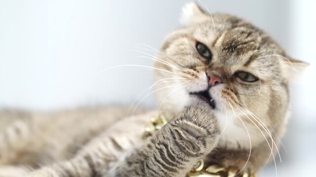 Scottish fold cat feline pet animal with brown fur, gold chain jewelry, relaxed lying down, licking paw, adorable calm expression, close up, soft light, cute domestic feline, gold collar, whiskers