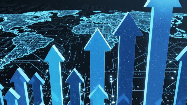 Digital world map with upward arrows symbolizing digital transformation and future innovation