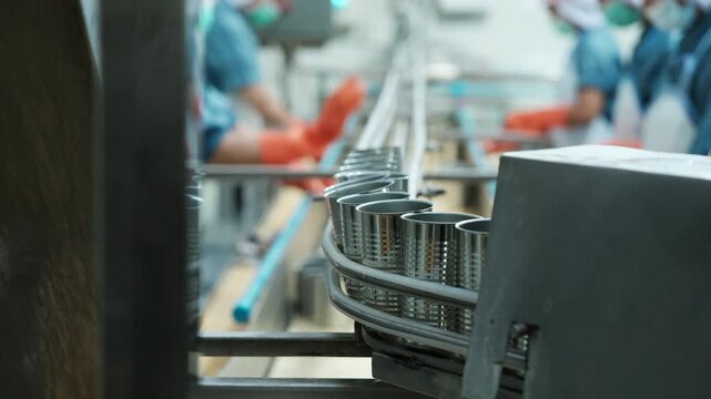 Close-up, workers' hands with protective gloves sorting cans, filling pieces of raw fish, preparing for nourishment conveyor production industry, sterile warehouse, instant food manufacturing factory.