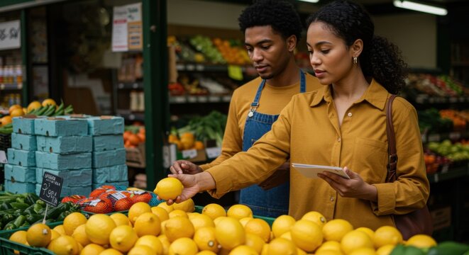 Young woman choosing fresh lemons at an outdoor neighborhood market for grocery shopping, healthy eating and local business promotion with focused expression