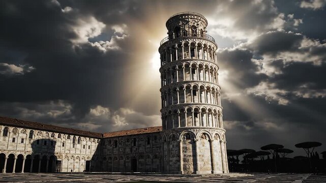 Leaning Tower of Pisa with dramatic sky ideal for travel vlogs and eco-friendly campaigns