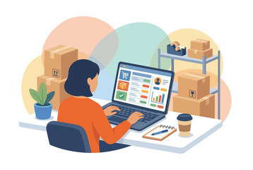 Fototapeta premium Woman managing online store business from home office workspace