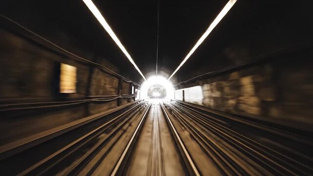 A long, dark tunnel with illuminated lights and parallel tracks, creating a sense of depth and motion, leading to a bright light