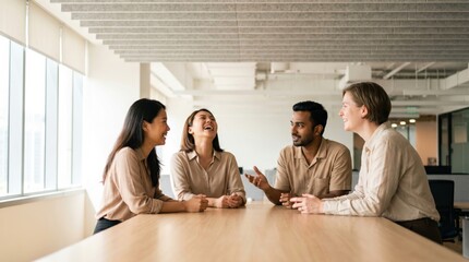 Fototapeta premium Diverse Business Team Collaborating and Laughing in a Modern Office Meeting.