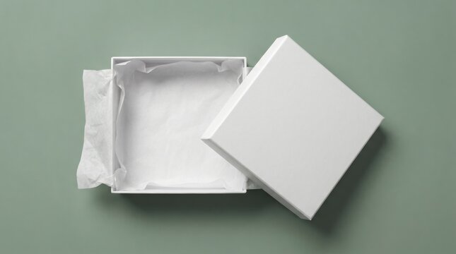 Empty white open gift box with lid on a green background, top view.