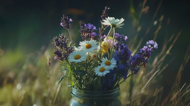 Whimsical bouquet of mixed wildflowers including daisies lavender and cornflowers in a mason jar The flowers spill over the edges creating a carefree bohemian atmosphere