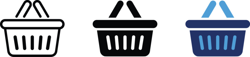 Shopping basket vector icon variants in black and blue flat style, editable grocery and ecommerce cart symbols collection for retail apps, supermarket branding and online checkout systems © ArtMint