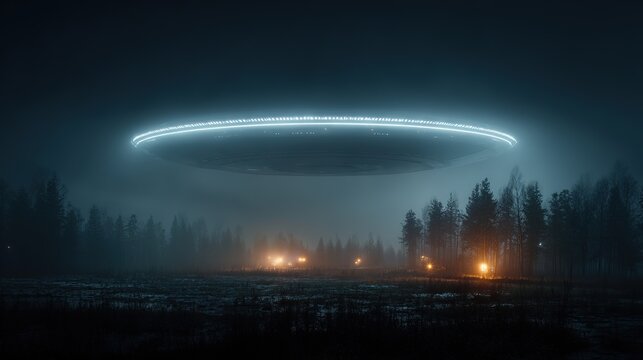 Mysterious UFO sighting with strange flying saucer hovering over rural field, dramatic alien spacecraft landing on earth.