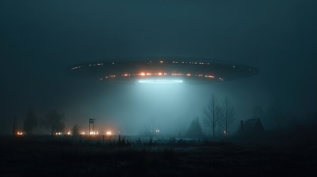Mysterious UFO sighting with strange flying saucer hovering over rural field, dramatic alien spacecraft landing on earth.