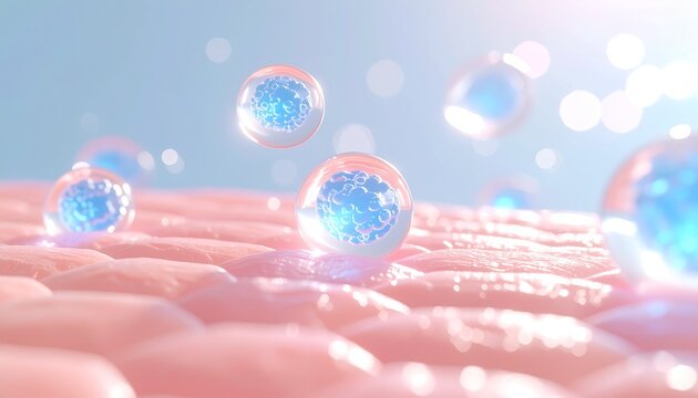幹細胞が肌に浸透し活性化させる再生プロセスの3DCGイラスト　幹細胞肌再生治療