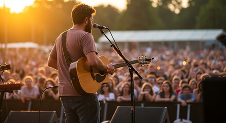 Fototapeta premium Bearded Guitarist Performing Live on Stage with a Crowd at Sunset