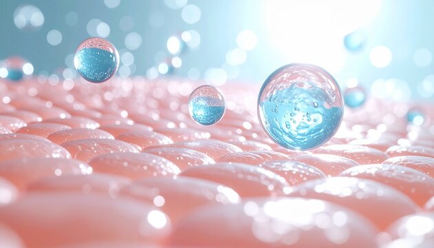 幹細胞が肌に浸透し活性化させる再生プロセスの3DCGイラスト　幹細胞肌再生治療