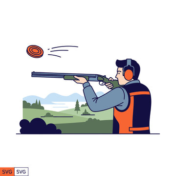 Man aiming shotgun at clay target.