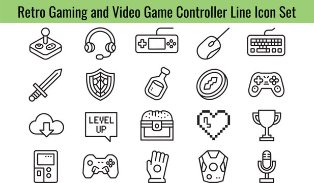 Retro gaming and video game controller line icon set