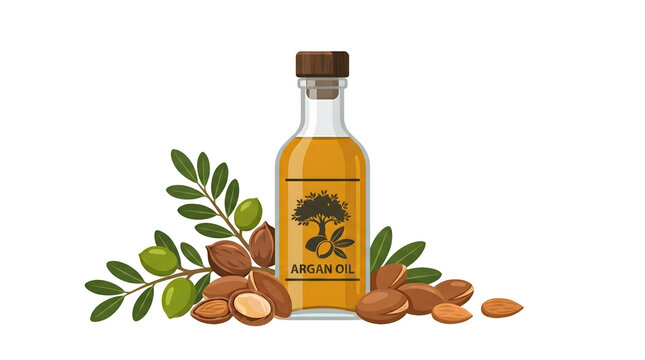Illustration of argan oil bottles with nuts and leaves, emphasizing International Day of Argania and natural oil production