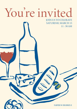 Hand-drawn Whimsical invitation card with pasta, wine bottle, and glass on cream background, Sketch doodle brunch line art illustration for your design 