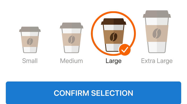 Interactive User Interface for Selecting Various Coffee Beverage Cup Sizes, Featuring a Highlighted Large Option