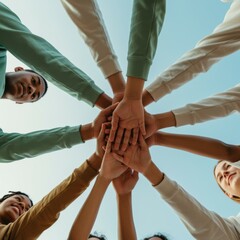 Obraz premium Diverse group of peoples hands stacked together in a circle viewed from a low angle for youth community solidarity, social activism and collaborative team building