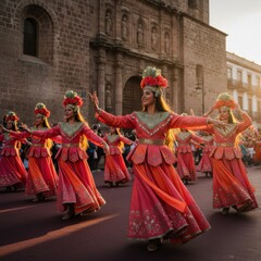 Fototapeta premium Group of female performers in traditional costumes dancing during an urban parade at golden hour for cultural festival editorial, travel promotion and tourism campaigns
