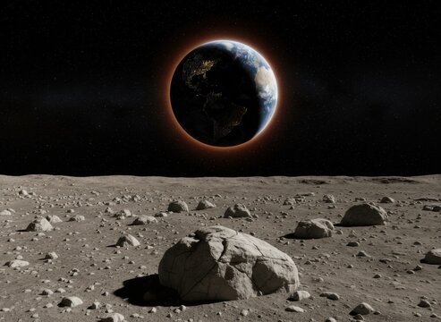 Rocky lunar surface landscape with the Earth floating in a star filled space for astronomy documentary, science brand campaign and educational space agency editorial