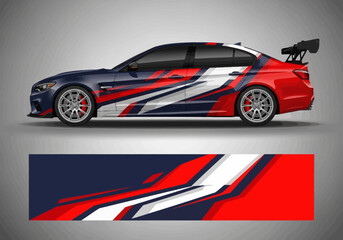 Obraz premium Modern racing car wrap design with red and blue graphics