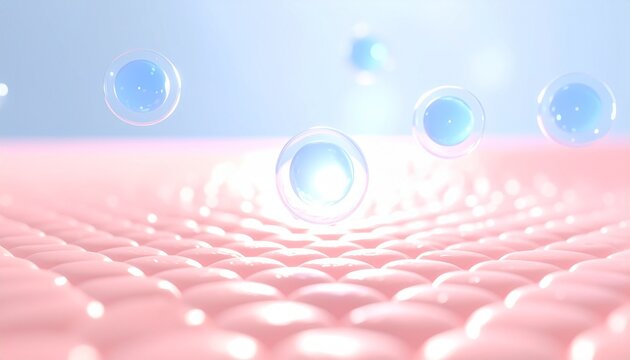 幹細胞が肌に浸透し活性化させる再生プロセスの3DCGイラスト　幹細胞肌再生治療