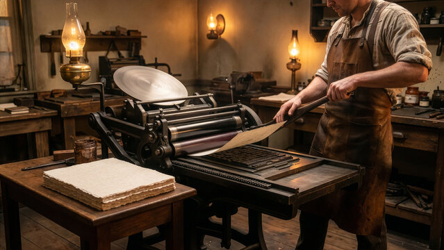 Male Craftsman Operating Antique Letterpress Printing Machine by Oil Lamp Light in Rustic Workshop &mdash; Historical Print Shop Lifestyle Photography